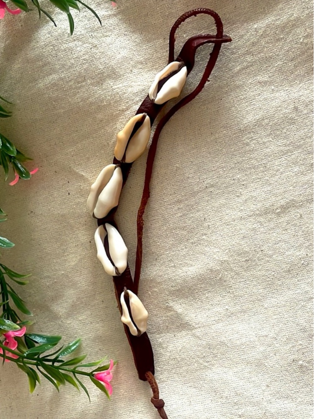 Shell Decor Bracelet on Brown Leather Strap Adjusts to size. Unisex
